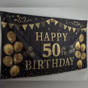 50th Birthday Fabric Backdrop Gold and Black Happy Birthday Banner Grommets